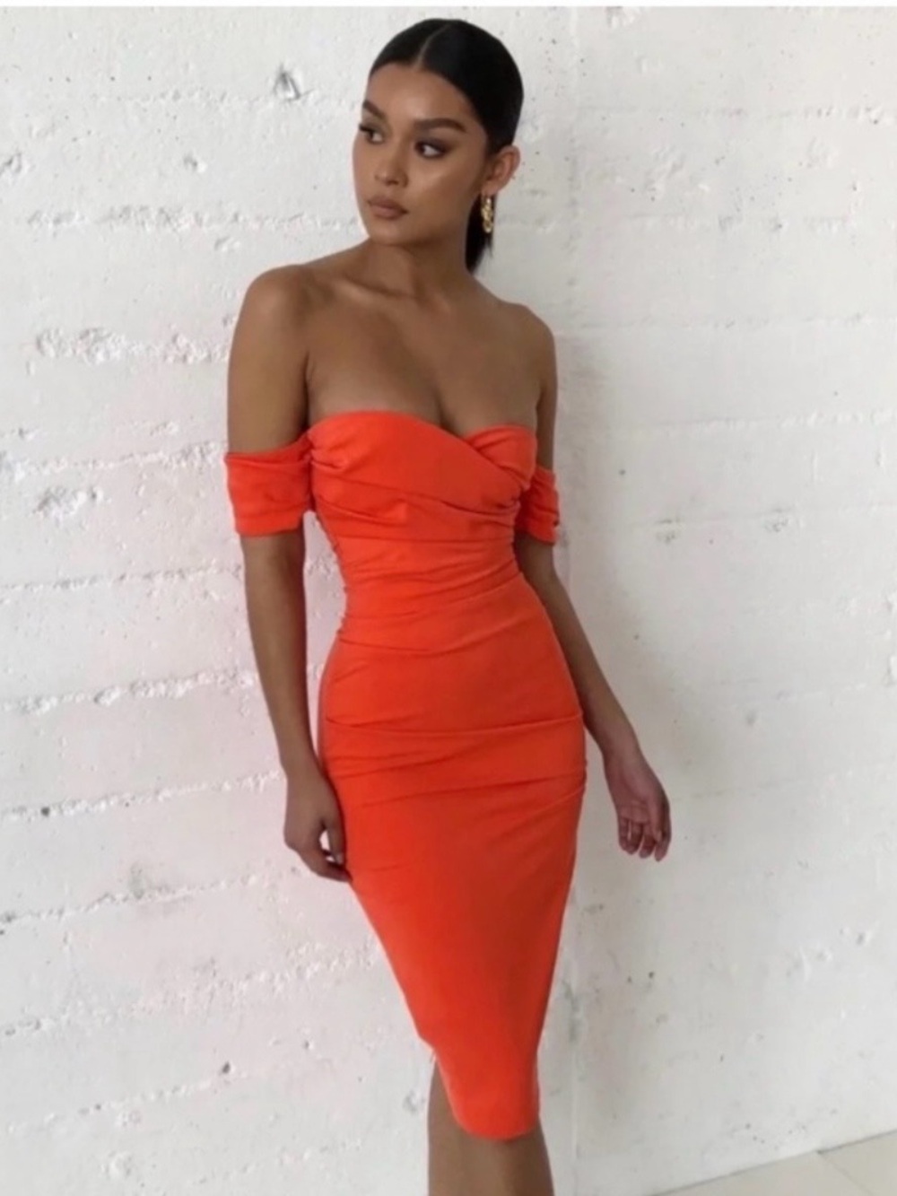 House of CB Strapless Orange Ruched Bodycon Midi Dress